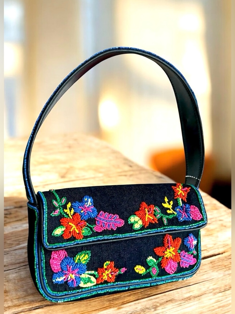🆕 STAUD Tommy Shoulder Bag Floral Beaded Denim - Picture 3 of 17